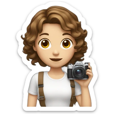 girl with short wavy brown hair, holding a camera sticker