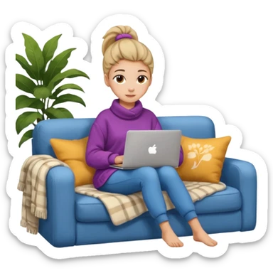 Cozy girl with ponytail on a cozy sofa with laptop on knees and a warm blanket, relaxed online shopping from home sticker