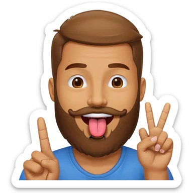 Man with beard sticking tongue out with peace sign under tongue sticker