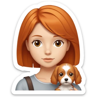 A girl with shoulder-length orange-brown hair holding a short-haired Yorkshire sticker