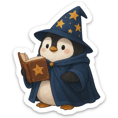 a chubby penguin in wizard robes, with a starry hat and a book of spells sticker