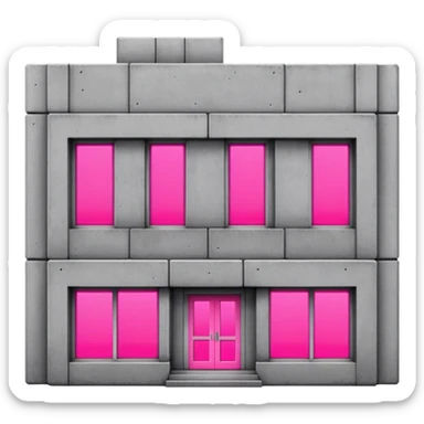 brutalist gray concrete block building with one neon pink window and several regular windows sticker