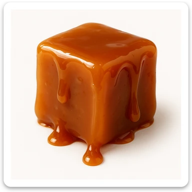 realistic cube-shaped caramel toffee piece, glossy, with drops of caramel dripping off, no face, no cartoon or drawn style, on a white background sticker