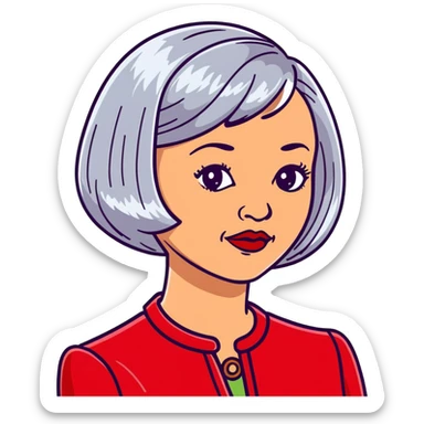 Elegant Hispanic senior woman, 70s, with silver bob haircut, bright complexion, marked cheekbones, almond-shaped hazel eyes, wearing red lipstick and a red structured collar blouse sticker