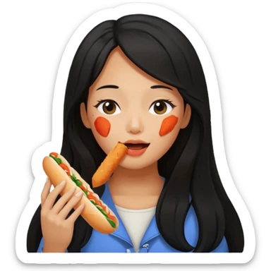 Girl black long hair eat kimchi close eyes baguette sticker