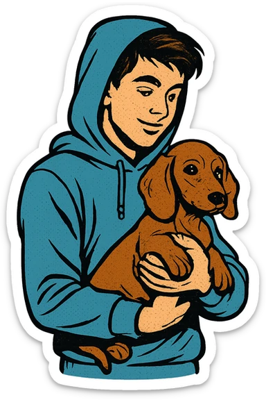 A modern day teenager wearing a blue hoodie with a puppy dachshund sticker