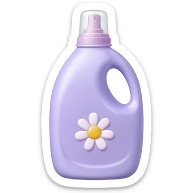 curved plastic fabric softener bottle, pastel lavender, rounded cap, subtle flower or droplet symbol, no text, 3D-rendered, minimal, realistic, soft shadows, natural light, no faces, no fabric, transparent background, emoji scale sticker