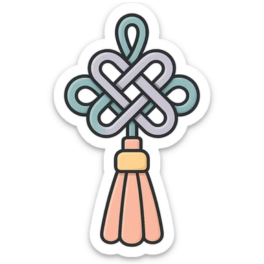 Create a Chinese happiness knot with a double loop, styled like the more complex knot in the second reference image (similar to the fourth variant previously). Use icon-color-outlined style with detailed shadows and highlights, thin clean contours, soft rounded shapes, and a pastel palette including #98B5BC, #B5B3C1, #C9A3C9, #E4C0CA, #F7DCD1, #F7C0AA. The design should reflect modern Japanese pop-art and sticker aesthetics, with high detail, vector clarity, soft lighting, and a transparent background. sticker