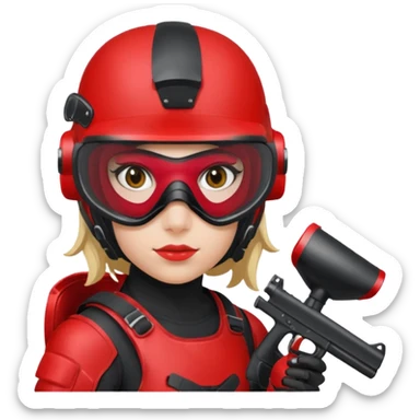girl playing paintball with red paintball gear and only face sticker