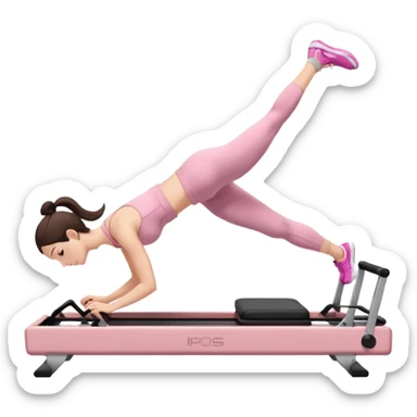 white brunette girl in light pink workout clothes doing a plank on a reformer sticker