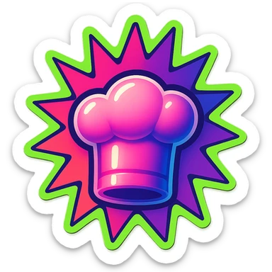 chef's hat, colors explosion, playful and modern with gradient FF4D67, 9D34FF gradient, border green neon, vibrant, matching image reference  sticker