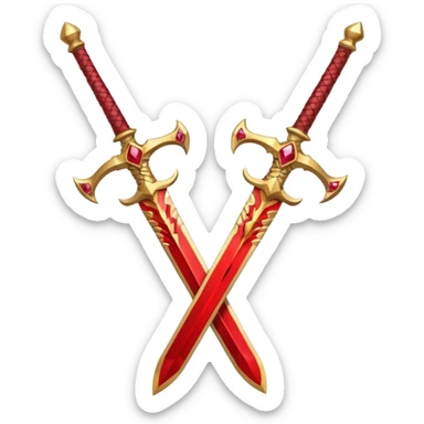 Two crossed swords that are golden in blade and handle and have fiery and royal appearence to them as well as red gem stones sticker
