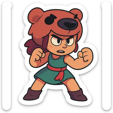 Nita from Brawl Stars, ready for battle, determined expression, colorful sticker