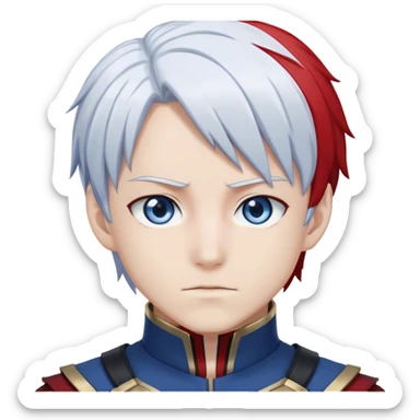 Shoto Todoroki from My Hero Academia with half red half white hair, heterochromia eyes one blue one gray, wearing his hero costume sticker