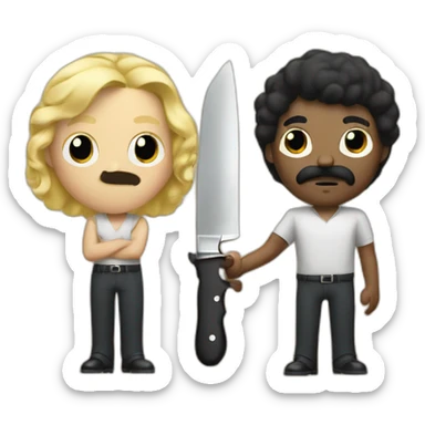 Black hair person with square mustache from 40s holding knife in front of a blond hair man sticker
