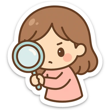 chibi cute girl with brown hair, focused, holding a magnifying glass, looking closely sticker