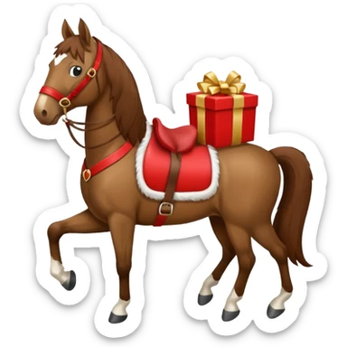 a New Year's horse with a red saddle, which has a red gift box with a white bow on the saddle sticker