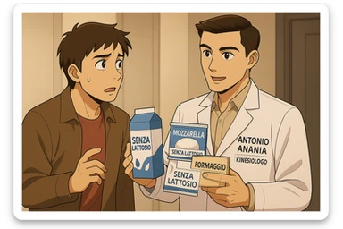 fai un webtoon manga a colori con questo stile, in cui un uomo ASCOLTA Il kinesiologo con il camice bianco (fagli anche la scritta "ANTONIO ANANIA" SUL CAMICE, IL KINESIOLOGO SPIEGA ALL'UOMO UNA MOSTRANDO VARI PRODOTTI DA SUPERMERCATO CONFEZIONATI (TIPO SCATOLA DI LATTE, MOZZARELLE CONFEZIONATE, FORMAGGIO CONFEZIONATO), OGNI CONFEZIONE HA LA SCRITTA "SENZA LATTOSIO SULL'ETICHETTA. L'UOMO OSSERVA IL KINESIOLOGO CON ESPRESSIONE CONFUSA IN VOLTO. non fare i fumetti però, fai solo in modo che sembri stiano parlando sticker