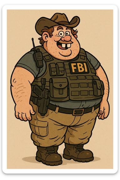 A big, overweight federal agent with a tight vest packed with tactical gear, prominent buck teeth, and a comical hillbilly appearance, cartoonish style sticker