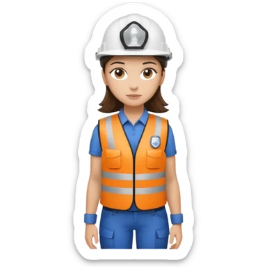 Brunette brown Girl full body standing with her white security helmet and security vest on sticker