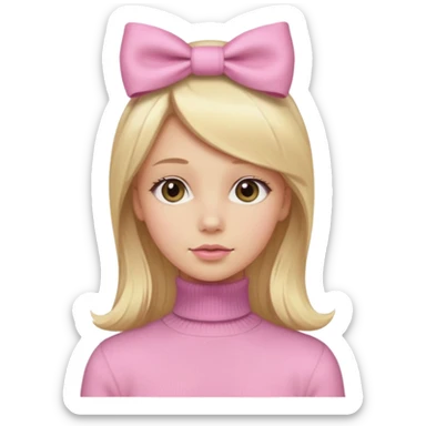 دختری با موی بلوند و بلند و پاپیون صورتی روی سرش و یه لباس  یقه اسکی صورتی کم رنگ که شاینی هست sticker