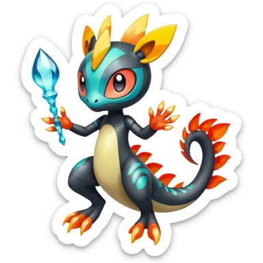 Splash-patterned emotional sparky sparky boom boom painful Meloetta-Guilmom-Salandit-Trico-Pokémon-Fakémon-fusion-hybrid-creature sticker