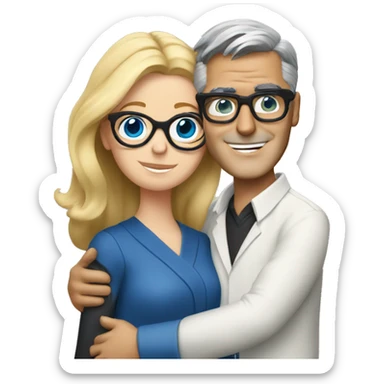 Blonde woman with blue eyes and glasses hugging George Clooney  sticker