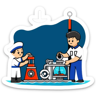 Marine geology process with sailor at winch and scientist analyzing ocean floor samples sticker