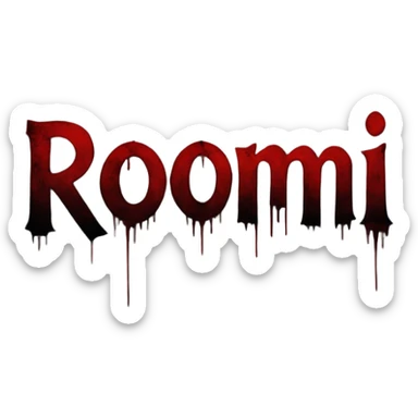 Dark horror cinematic wallpaper foggy grey and charcoal background with subtle pale light from top-left,  cinematic grain and vignette, scattered floating dust particles , centered bold text "ROJONI" in distressed horror font with faint red smear and inner shadow, moody  sticker