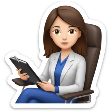 female therapist, brunette, brown eyes, light skin, sitting in a chair with a notepad sticker