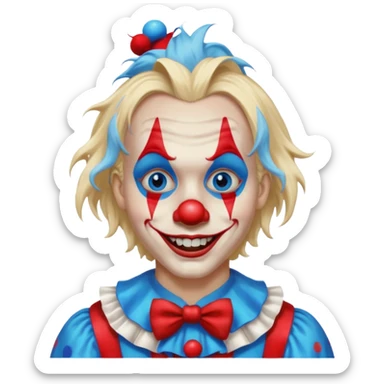 creepy clown boy with messy very long long blonde hair, blue eyes, make it more like an apple emoji sticker