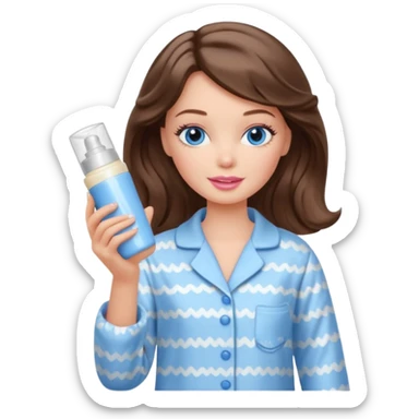 Barbie girl with makeup, blue eyes , and bob long haircut wavy, short brown hair in creamy color pajamas, face cream in hand sticker