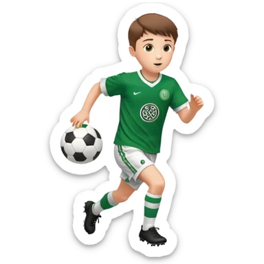 Celtic footballer jersey logo  6 years old brown hair white boy , brown eyes , stripes uniform , RUNNING  with soccer ball # 17 celtic football logo PUT ONLY ONE LOGO ONE CELTIC LOGO ONLY white shorts sticker
