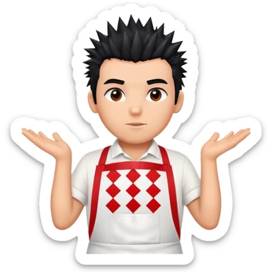 big boy with black spiky hair styled upward, wearing a white apron with red squares pattern sticker