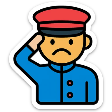 Convert the image to a color outline icon style of a sad face in uniform saluting. Keep the background transparent. sticker