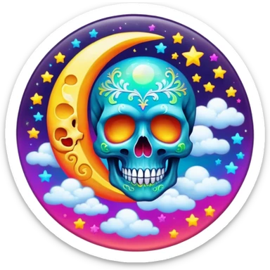 Beveled button with Neon rainbow colored damask style skull moon with stars and clouds in the center sticker