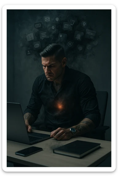 A highly realistic, cinematic image of a young man in his early 30s, sitting at a modern office desk under harsh artificial lighting, shoulders hunched, jaw clenched, and breathing shallowly, symbolizing how modern society forces people to live in a state of chronic tension and restricted breathing. Around him, faint black and grey visual elements represent notifications, deadlines, social media icons, and news alerts, swirling around his head like a chaotic storm, symbolizing societal pressure. His chest appears visually tight and compressed, and faint dark smoke emanates from his body, representing blocked breath and internalized stress. In contrast, a faint glowing light near his chest and abdomen tries to expand, symbolizing the innate desire of the body to breathe freely and deeply. The environment is cold and minimalistic, with a sense of stillness and tension, captured in a hyperrealistic 35mm film style with muted colors, focusing on the man's tense posture and restricted breathing to reflect the unseen burden of modern living. sticker