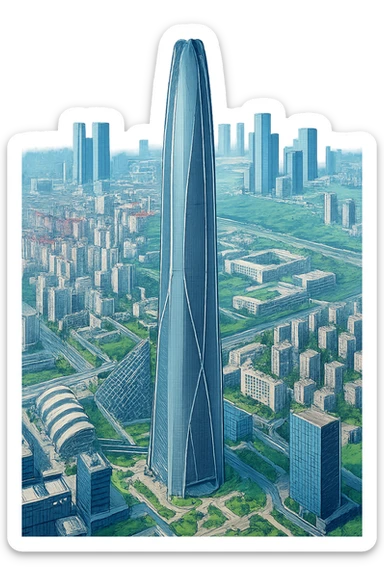 Изометричная, яркая, детализированная, объемная и фотореалистичная иллюстрация башни Tianjin CTF Finance Centre. В стиле 3D-коллажей городов, насыщенные цвета, аккуратные и чёткие линии, мультяшно-реалистичная стилистика. Чёткие контуры, не размазанные линии, высокое качество, прозрачный фон, не обрезать края картинки sticker