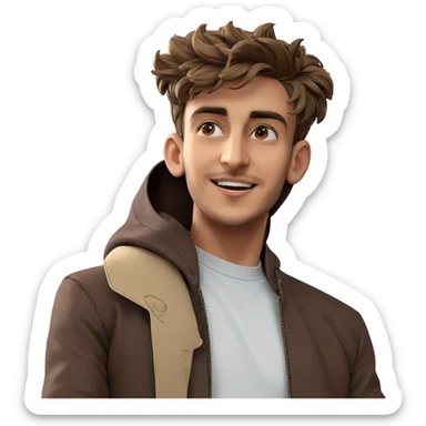 smiling boy in brown jacket sticker