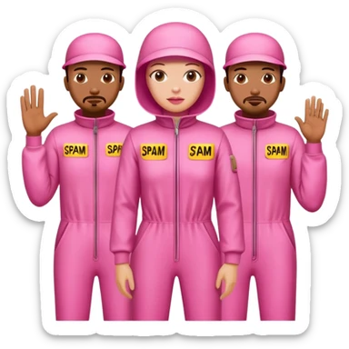 artists wearing pink jumpsuits s protesting for spam meat art sticker