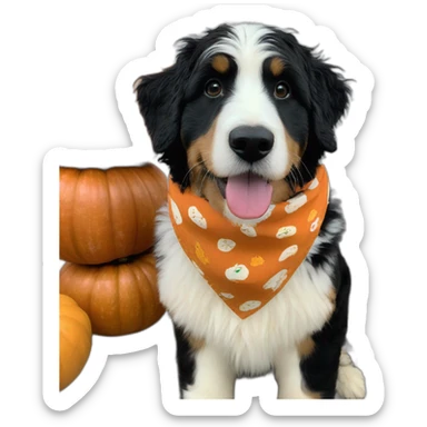 mostly black and white bernedoodle with a pumpkin and fall bandana sticker