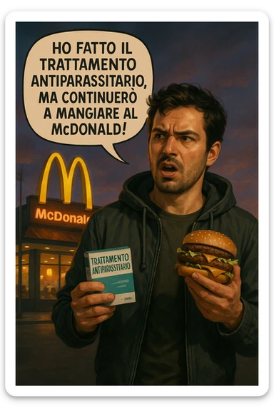 A realistic, cinematic illustration of a man in his early 30s with a confused yet stubborn expression, standing outside a McDonald's at dusk, holding a small box labeled 'Trattamento Antiparassitario' in one hand while holding a large McDonald's burger in the other. He is mid-sentence, saying 'Ho fatto il trattamento antiparassitario, ma continuerò a mangiare al McDonald!' in an expressive speech bubble. The man wears casual streetwear, and behind him, the McDonald's golden arches glow under a neon-lit sky. The mood is ironic and educational, highlighting the contradiction of doing parasite cleanses while continuing unhealthy fast-food habits. The style is realistic with slight illustrative clarity, emphasizing the message humorously while maintaining a serious undertone about lifestyle choices and health in italiano sticker