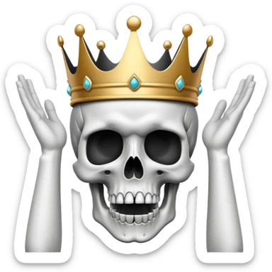 A shocked skull with a crown on top, both hands raised pressing on its head in disbelief, black and white sticker