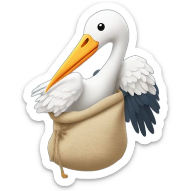 stork delivering baby boy in fabric held in its beak you can see the baby boys human face popping from the top of the sack the stork is holding sticker