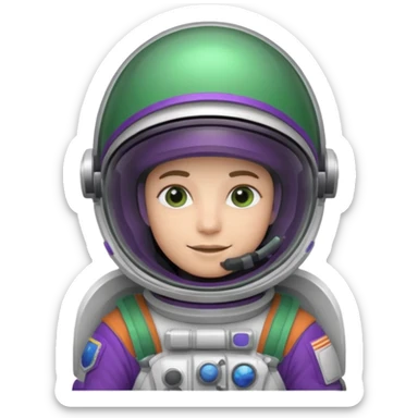 An astronaut wearing a cowboy's hat on his helmet, green and purple accents for the space suit sticker