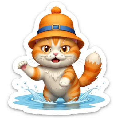 angry cat with a hat jumping into a lake sticker