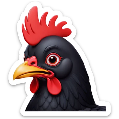 Cinematic Comical Black Chicken Portrait Emoji, Head tilted dramatically with an exaggeratedly amused expression, featuring a sleek, glossy black plumage with a bold red comb, wide, expressive beady eyes filled with playful disbelief, Simplified yet hilariously expressive features, highly detailed, glowing with a slightly sassy glow, high shine, dramatic yet playful, stylized with an air of cheeky mischief, bright and endearing, soft glowing outline, capturing the essence of a spirited and over-the-top chicken, so meme-worthy it feels like it could cluck its way into internet fame instantly! sticker