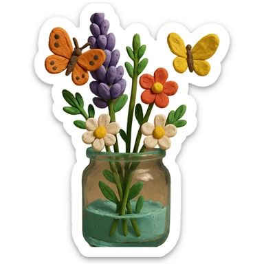 glass jar filled with forest flowers and butterflies, claymation style sticker