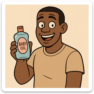 A Black man with short hair holding a bottle of baby oil, cartoon, approachable look sticker