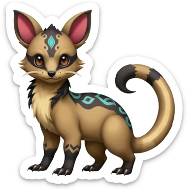 Rare warm-colored exotic cute epic aesthetic gothic colorful Salandit-Eevee-Civet-species-Fakemon-hybrid-creature, with intricate tattoo markings, full body sticker